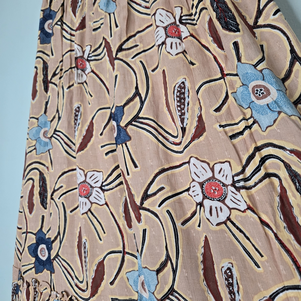Christian Siriano Tan Floral Patterned Tiered Midi Skirt M - Picture 3 of 5